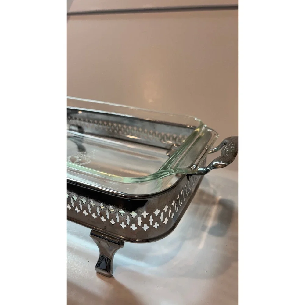 Vintage Anchor Hocking Fire-King Glass Casserole Dish with Footed Metal Cradle